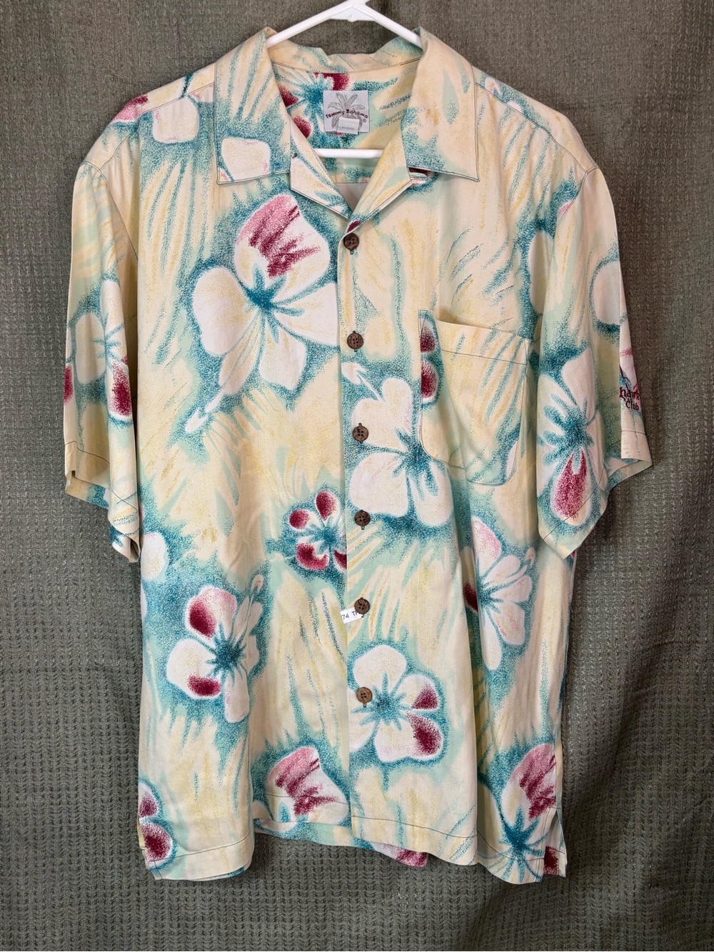 Tommy Bahama Cream Short-Sleeve Hawaiian Shirt Teal & Pink Floral Print Sz L EC